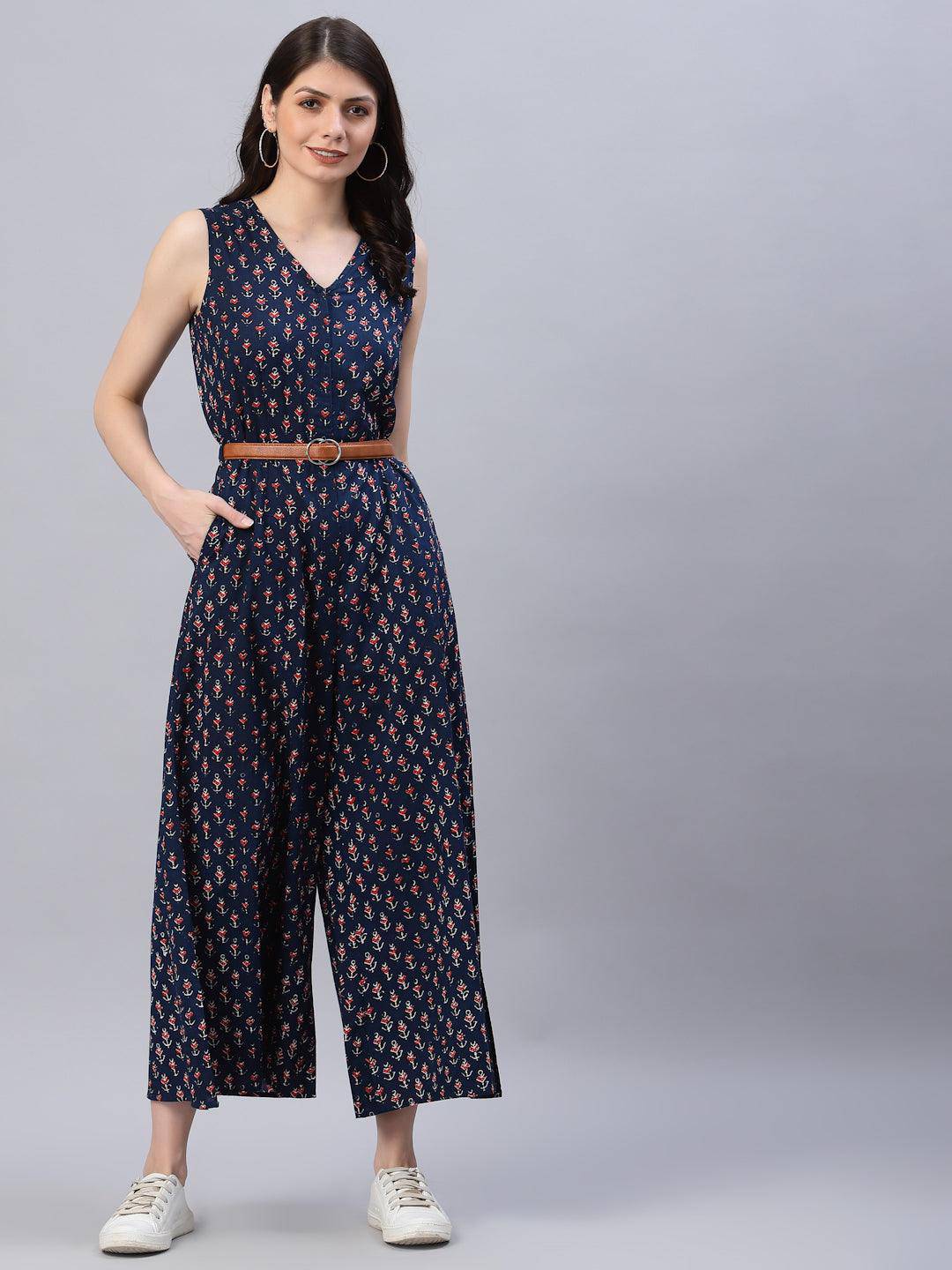 Riya Navy Blue Printed Jumpsuit - Uboric