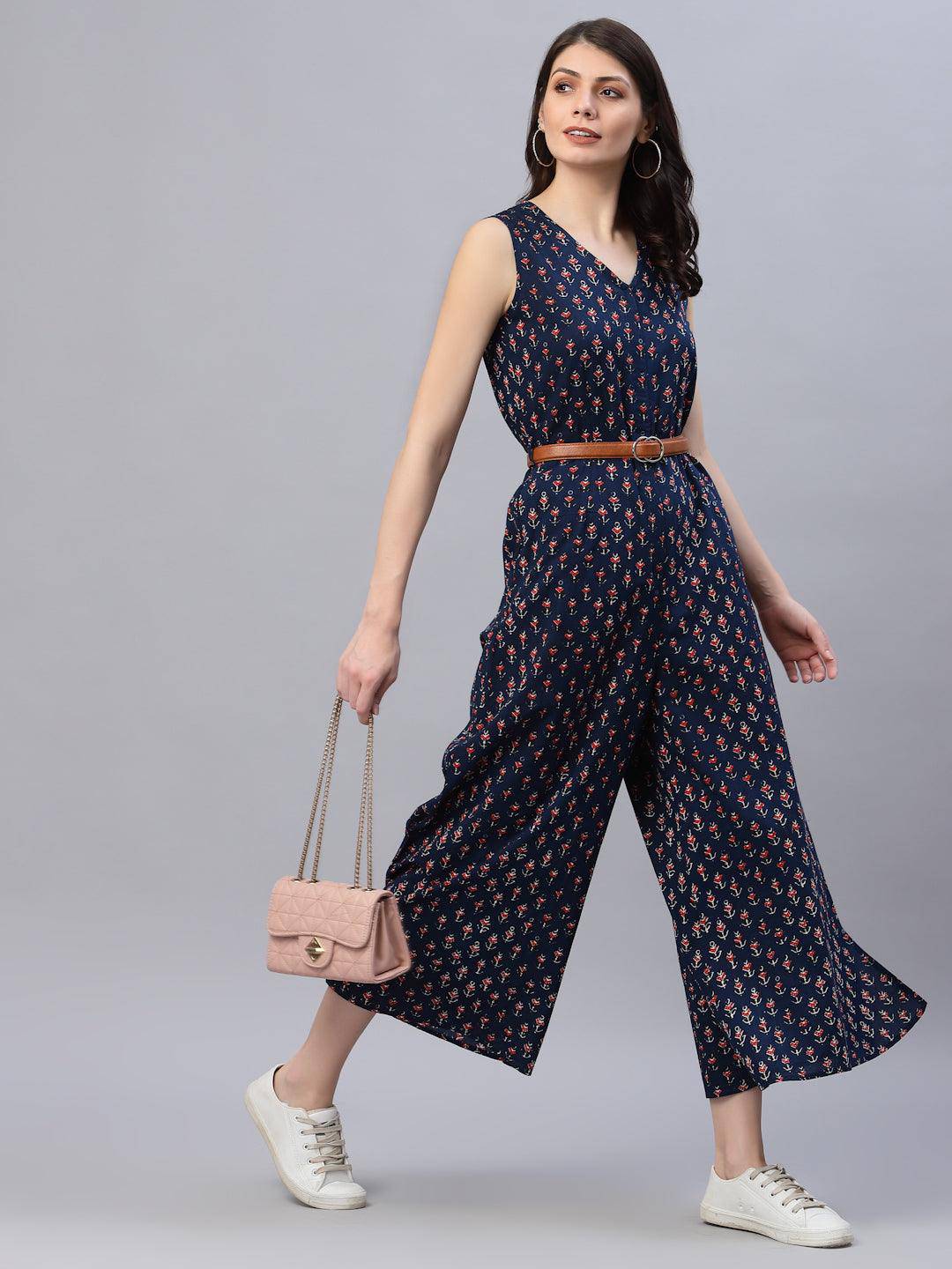 Riya Navy Blue Printed Jumpsuit - Uboric