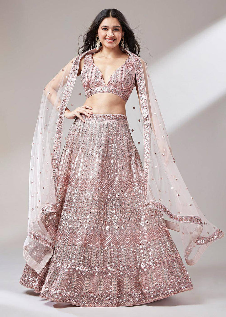 Rose Gold Net Designer Lehenga Choli with Mirror & Sequins work - qivii