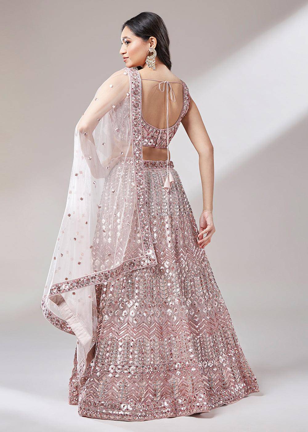 Rose Gold Net Designer Lehenga Choli with Mirror & Sequins work - qivii