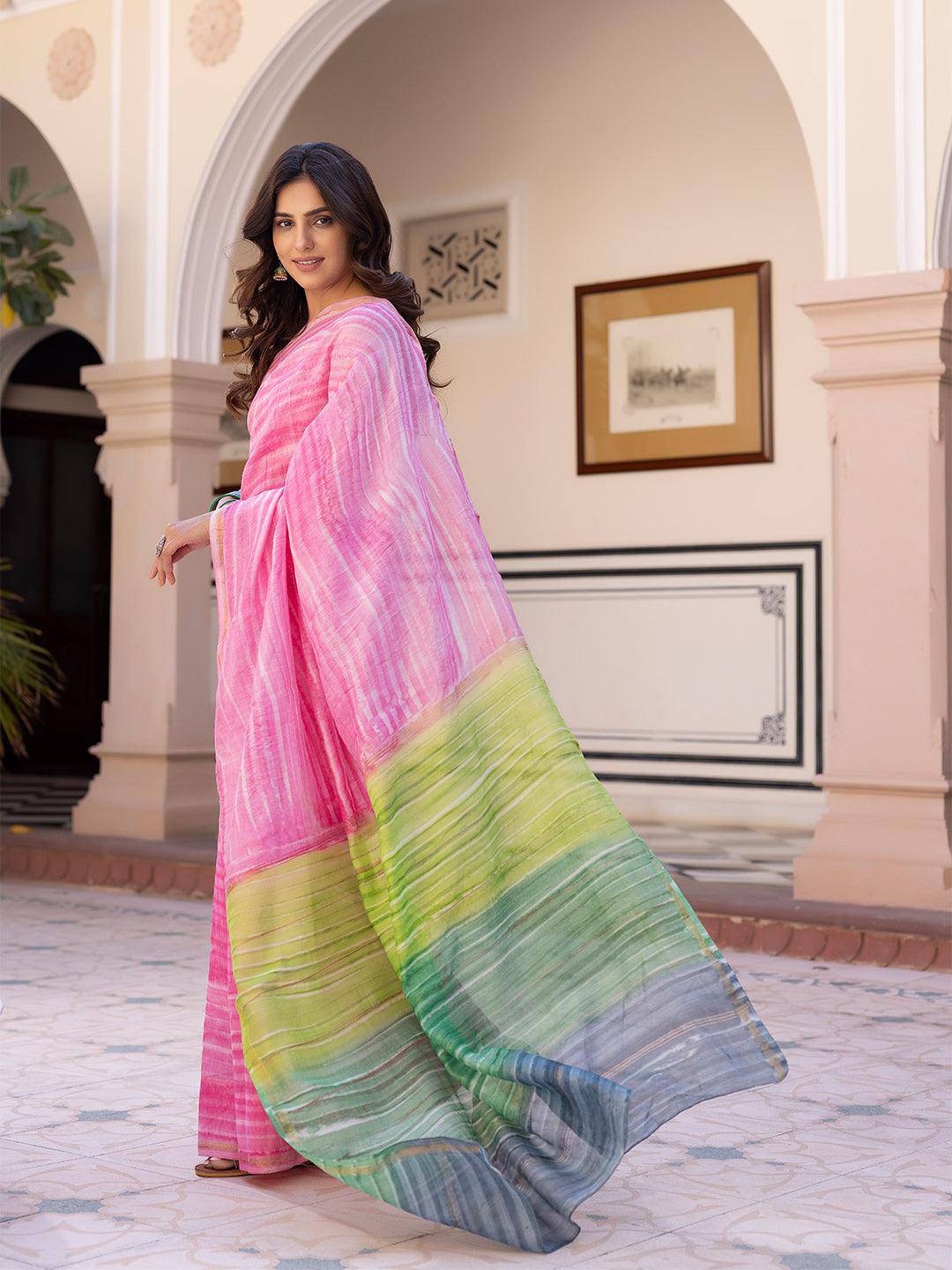 Rose Tie-Dye Chanderi Saree - Uboric