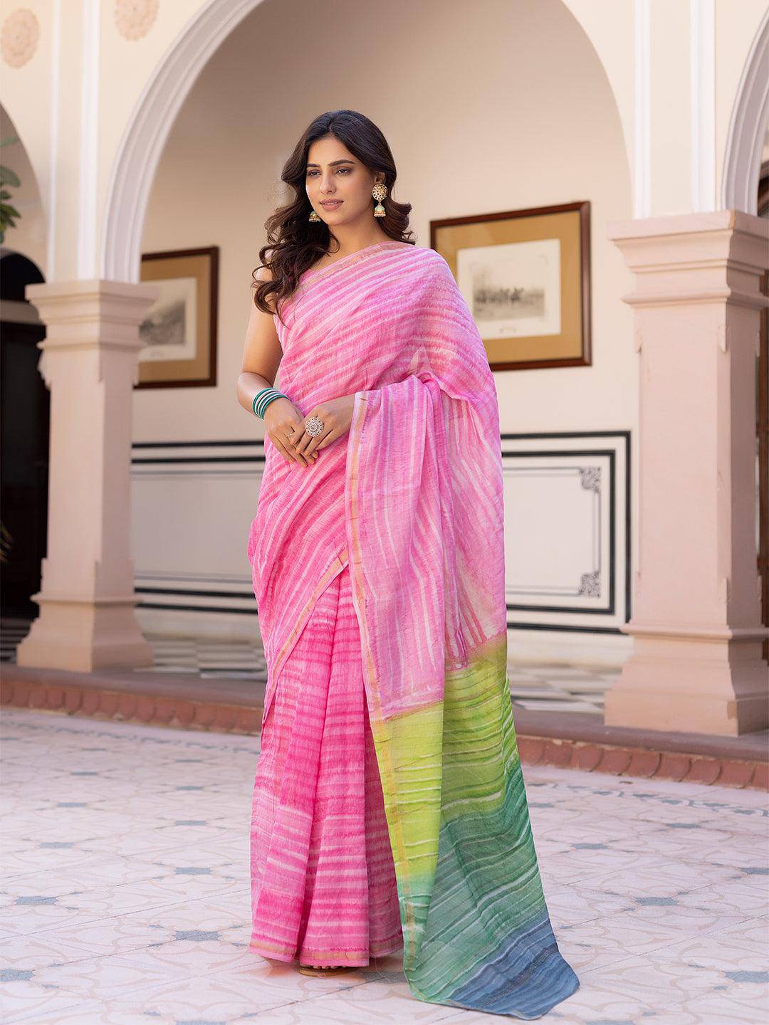 Rose Tie-Dye Chanderi Saree - Uboric