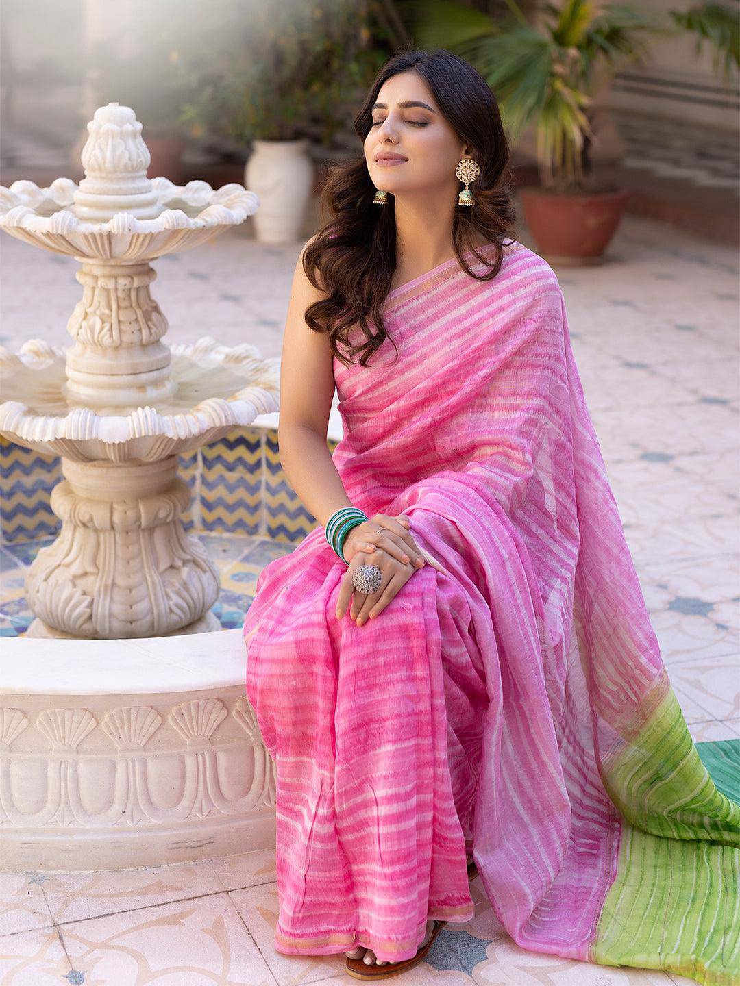 Rose Tie-Dye Chanderi Saree - Uboric