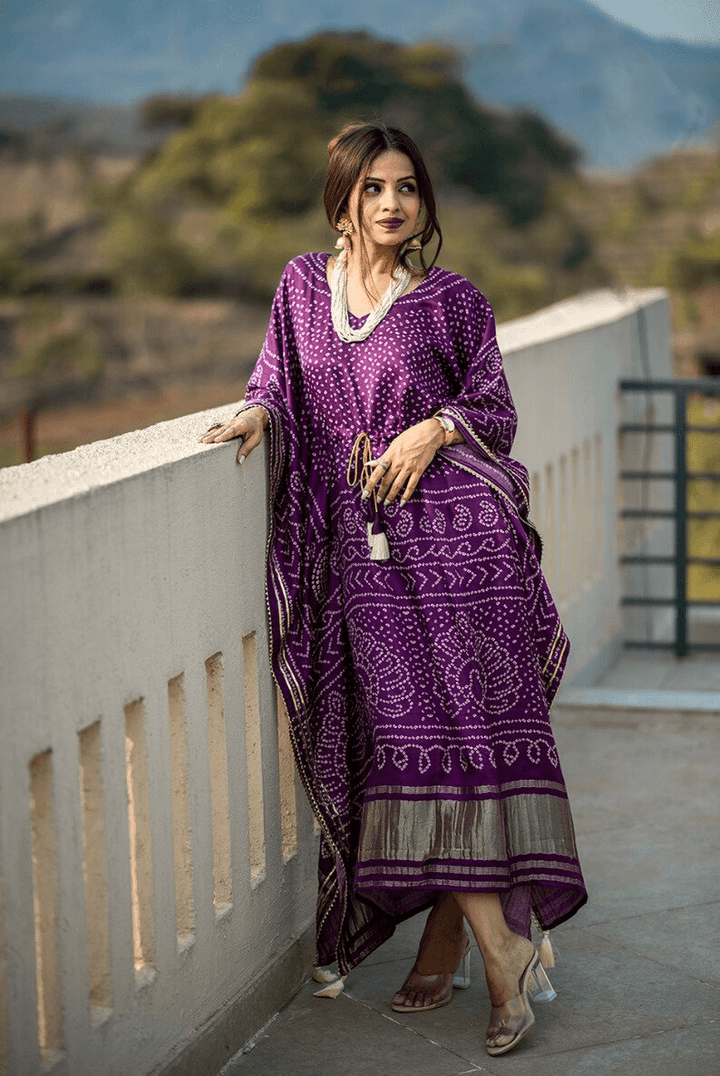 Royal Purple semi gaji silk bandhani gown kaftan for women - Uboric