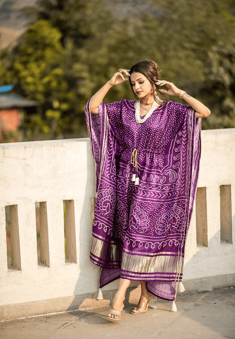 Royal Purple semi gaji silk bandhani gown kaftan for women - Uboric