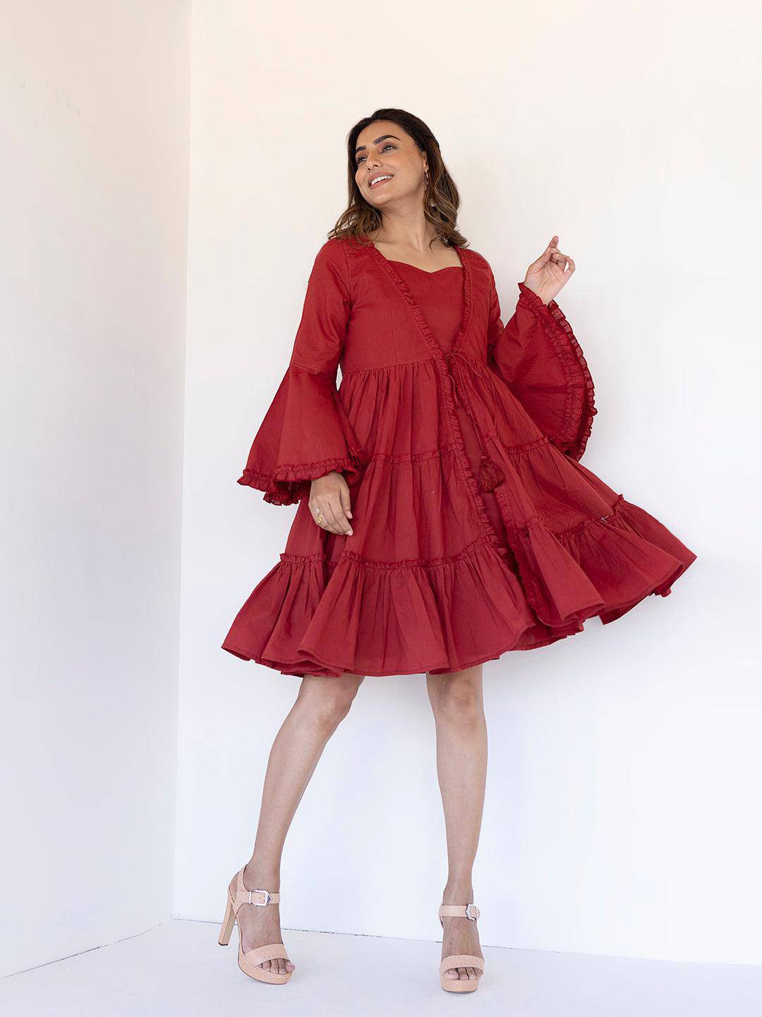 Rythmic Rustic Red Frill Dress - Uboric