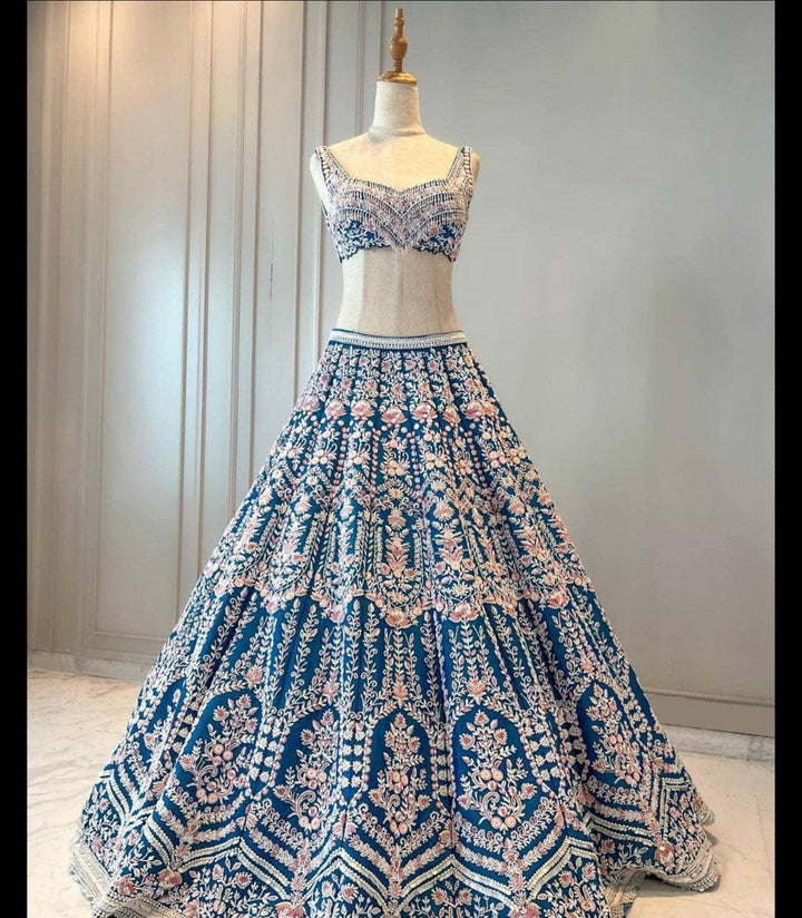 sabyasachi designer blue lehenga choli for women with heavy thread embroidery work wedding wear party wear, lehenga choli - Uboric