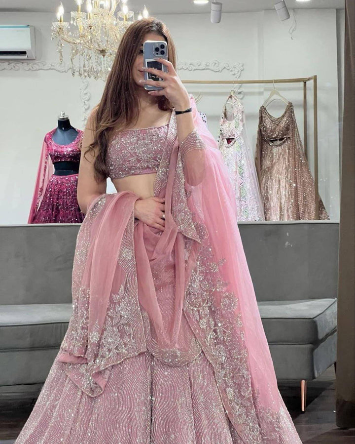 Sabyasachi Designer peach-pink Lehenga Choli Embellished With Beautiful Shimmer Dori Work Wedding Lehenga Choli Party Wear Lehenga Choli - Uboric