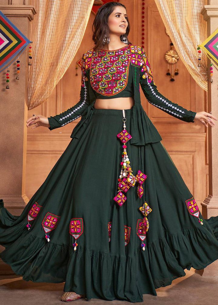 Sacramento Green Viscose Rayon Lehenga Choli with Koti Having Thread Embroidery & Mirror work: Navratri Special - qivii