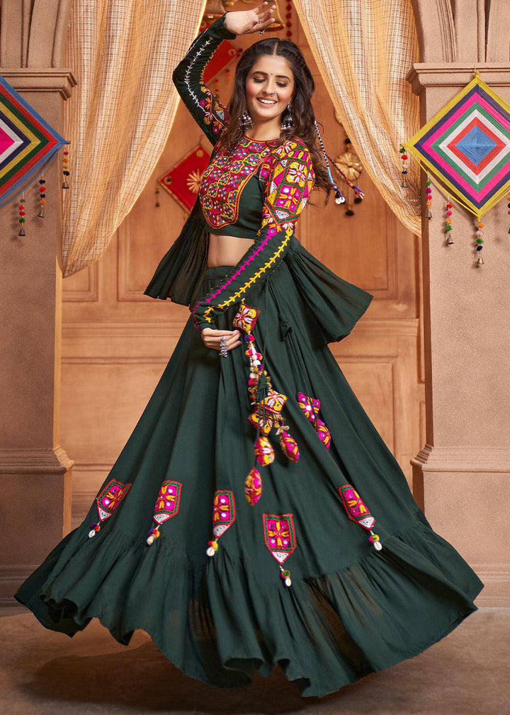 Sacramento Green Viscose Rayon Lehenga Choli with Koti Having Thread Embroidery & Mirror work: Navratri Special - qivii