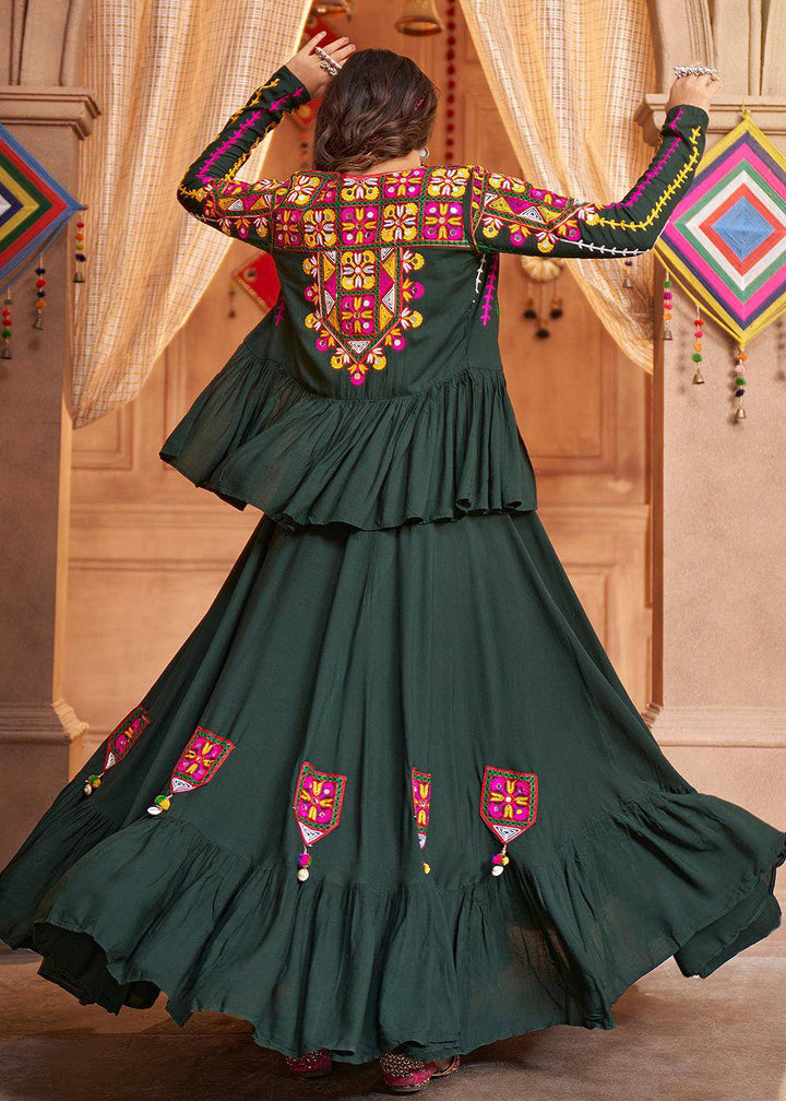 Sacramento Green Viscose Rayon Lehenga Choli with Koti Having Thread Embroidery & Mirror work: Navratri Special - qivii