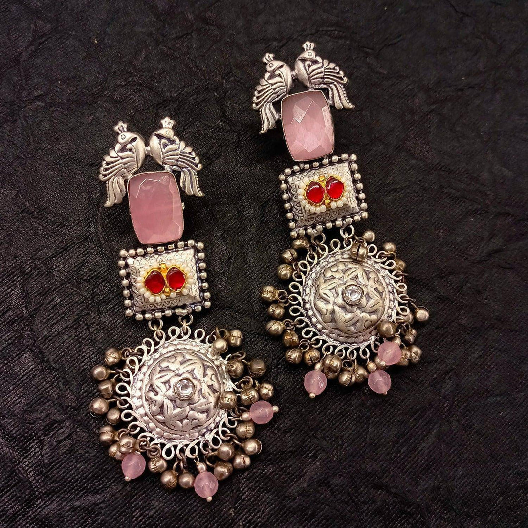 Sadiya Baby Pink And Silver Oxidized Earrings - Uboric