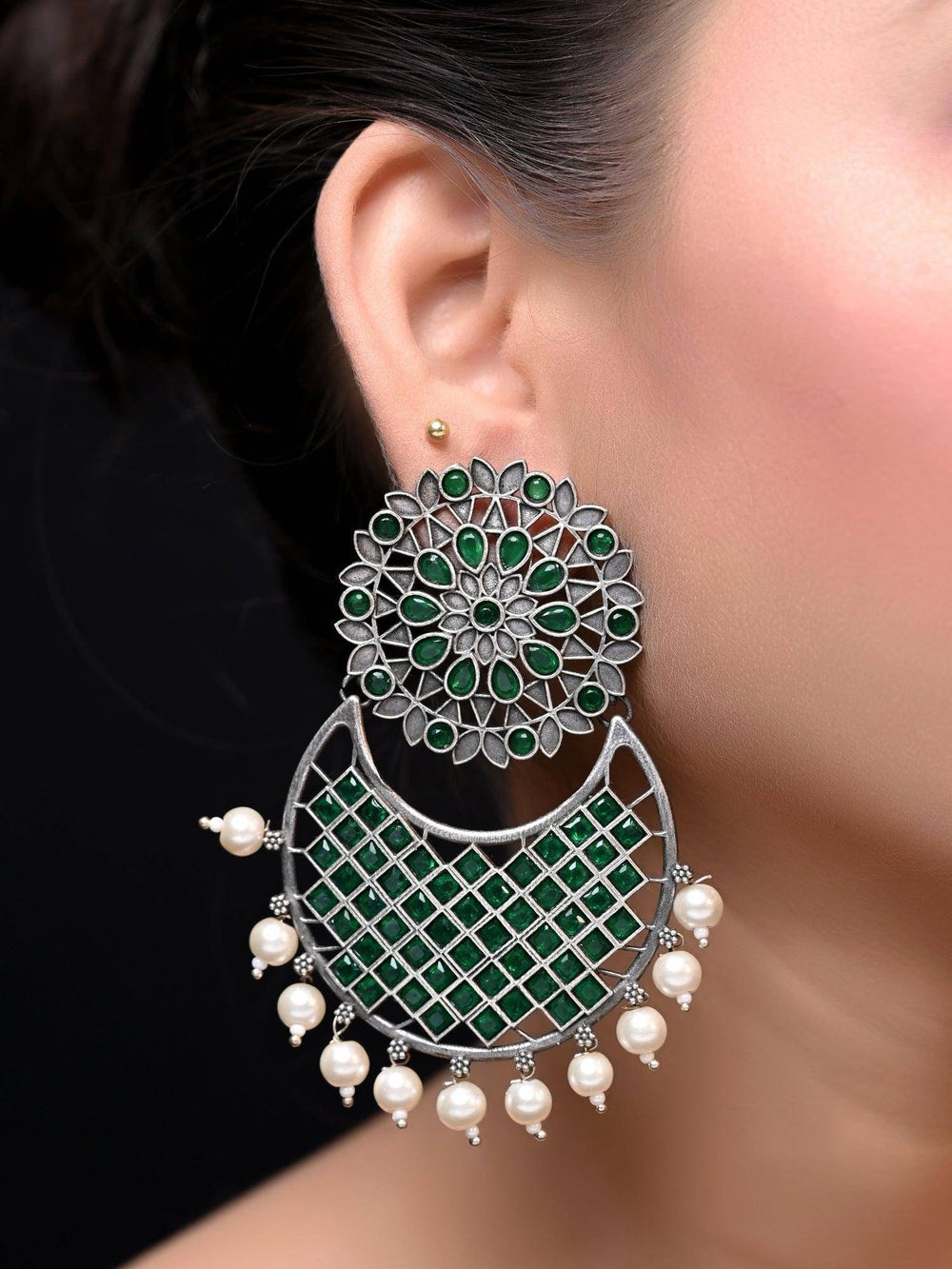 Samisha Emerald Oxidised Chandbali - Uboric