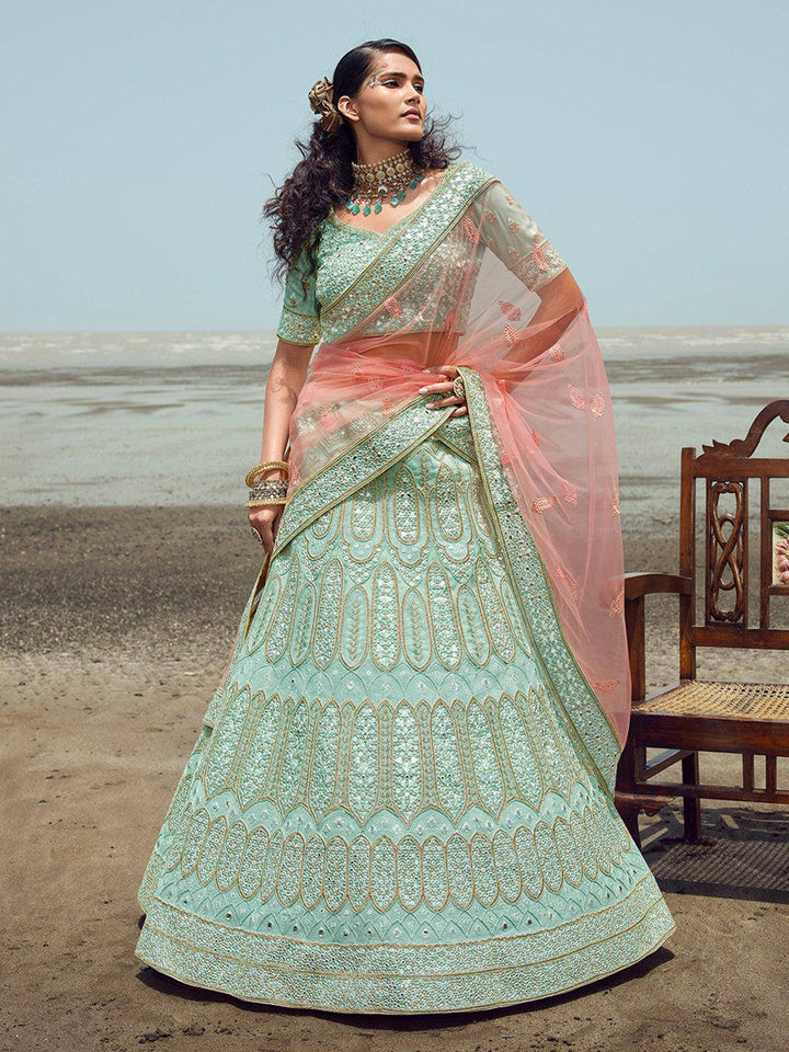 Sea Green Embroidered Organza Stitched Lehenga With Blouse - Ready to wear - Uboric