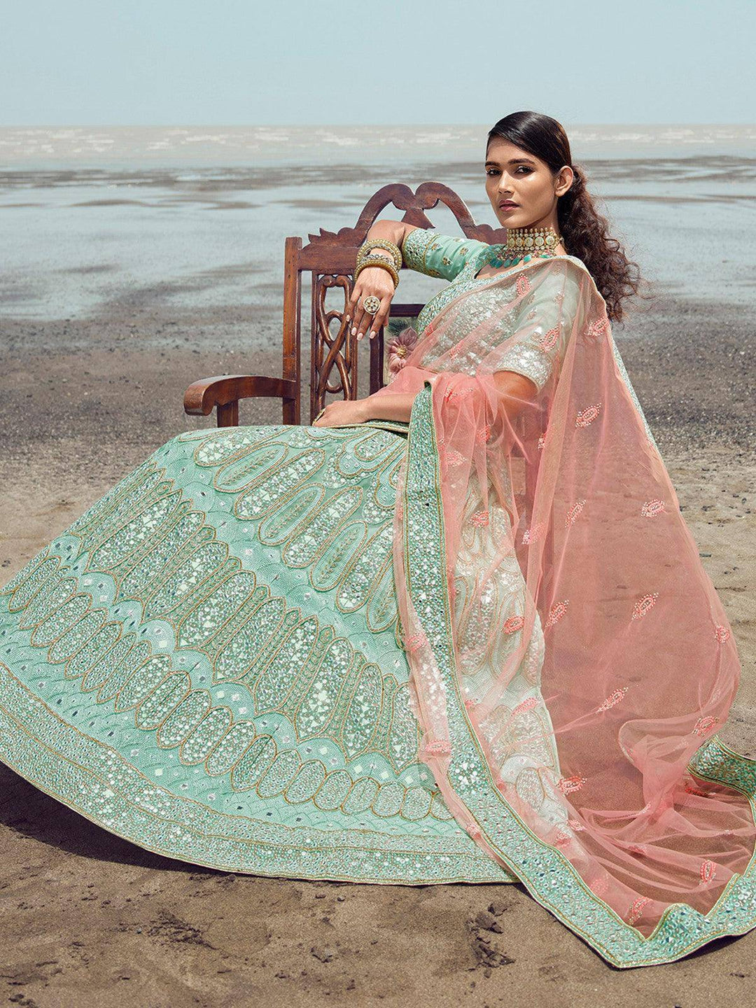 Sea Green Embroidered Organza Stitched Lehenga With Blouse - Ready to wear - Uboric