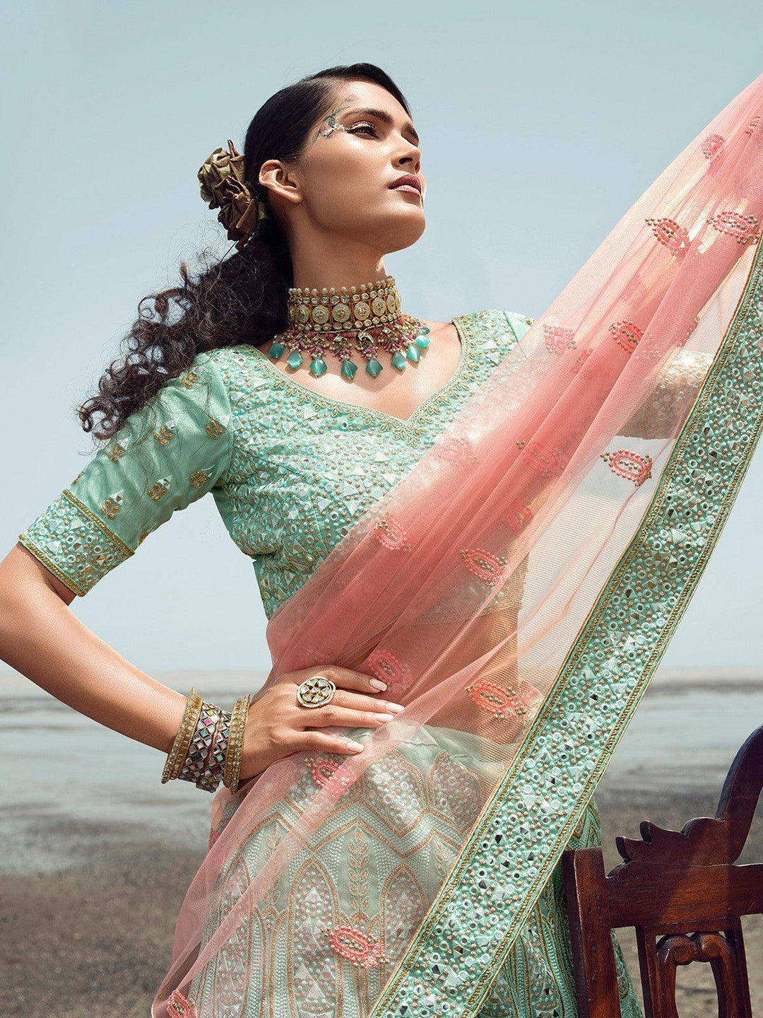 Sea Green Embroidered Organza Stitched Lehenga With Blouse - Ready to wear - Uboric