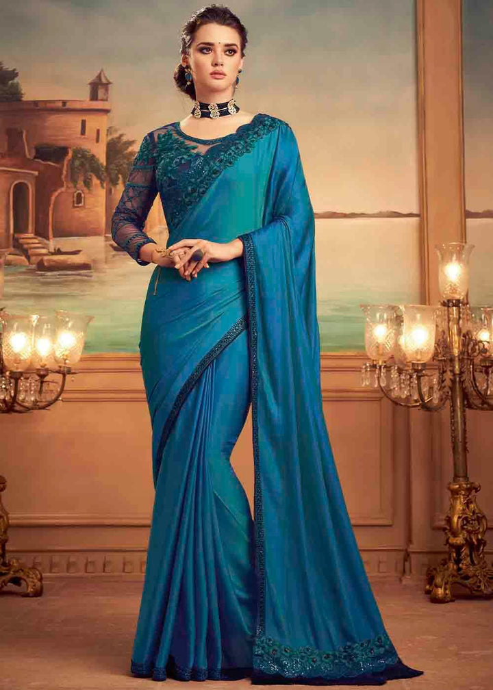 Shades Of Blue Designer Embroidered Satin Silk Saree with Sequence work (Fully Stitched & Ready to wear) - Uboric