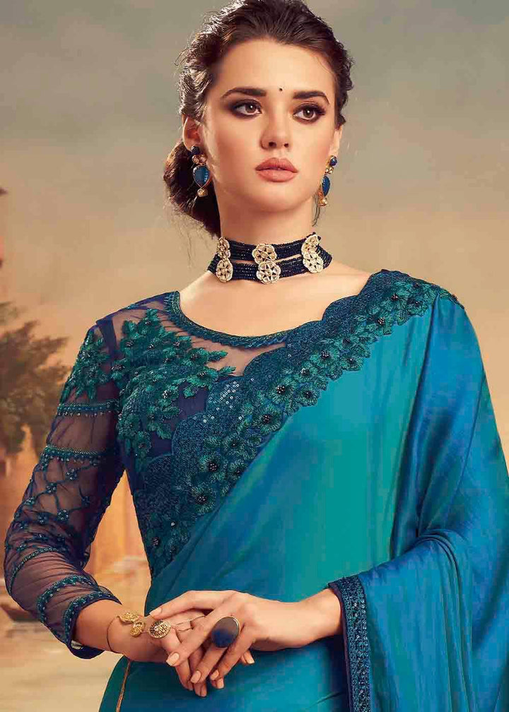 Shades Of Blue Designer Embroidered Satin Silk Saree with Sequence work (Fully Stitched & Ready to wear) - Uboric