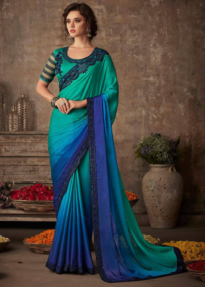 Shades Of Blue Designer Embroidered Silk Saree with Sequence work (Fully Stitched & Ready to wear) - Uboric