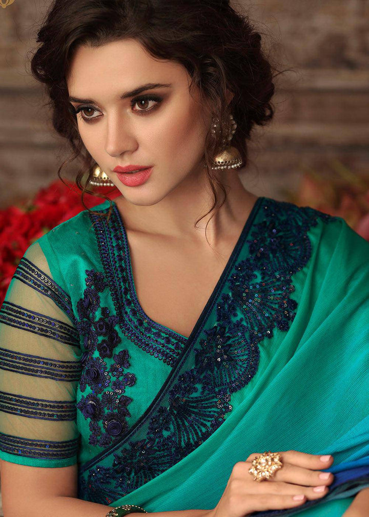 Shades Of Blue Designer Embroidered Silk Saree with Sequence work (Fully Stitched & Ready to wear) - Uboric