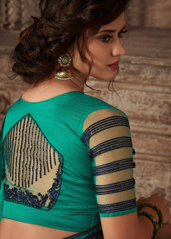 Shades Of Blue Designer Embroidered Silk Saree with Sequence work (Fully Stitched & Ready to wear) - Uboric