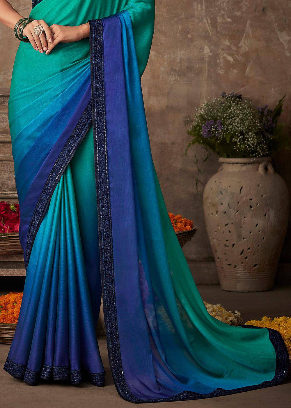 Shades Of Blue Designer Embroidered Silk Saree with Sequence work (Fully Stitched & Ready to wear) - Uboric