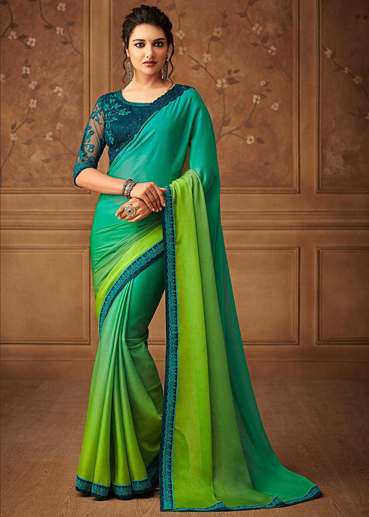 Shades Of Green Designer Embroidered Chiffon Silk Saree with Sequence work (Fully Stitched & Ready to wear) - Uboric