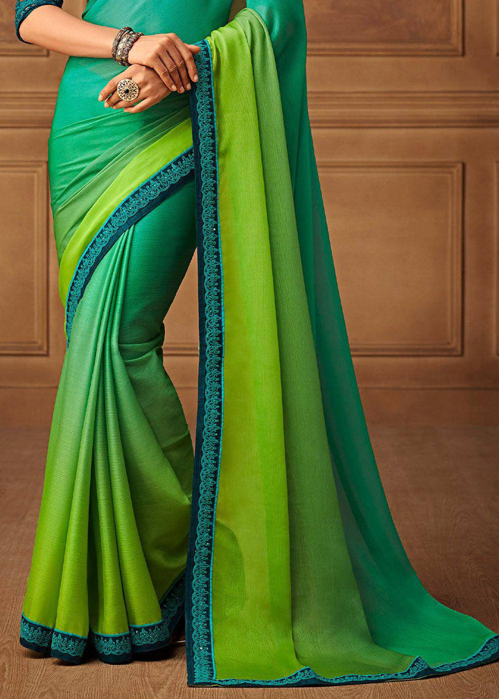 Shades Of Green Designer Embroidered Chiffon Silk Saree with Sequence work (Fully Stitched & Ready to wear) - Uboric