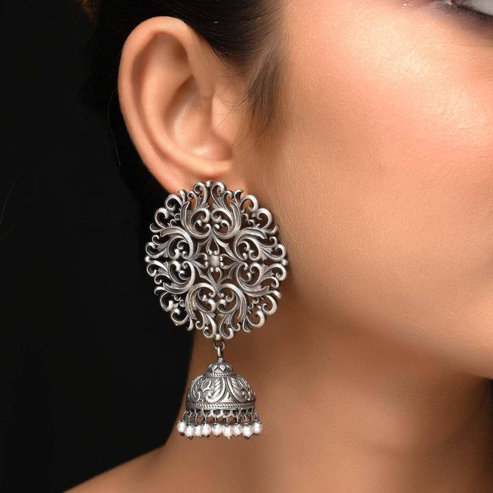 Shazahn Pearl White Oxidized Silver Plated Jhumki - Uboric