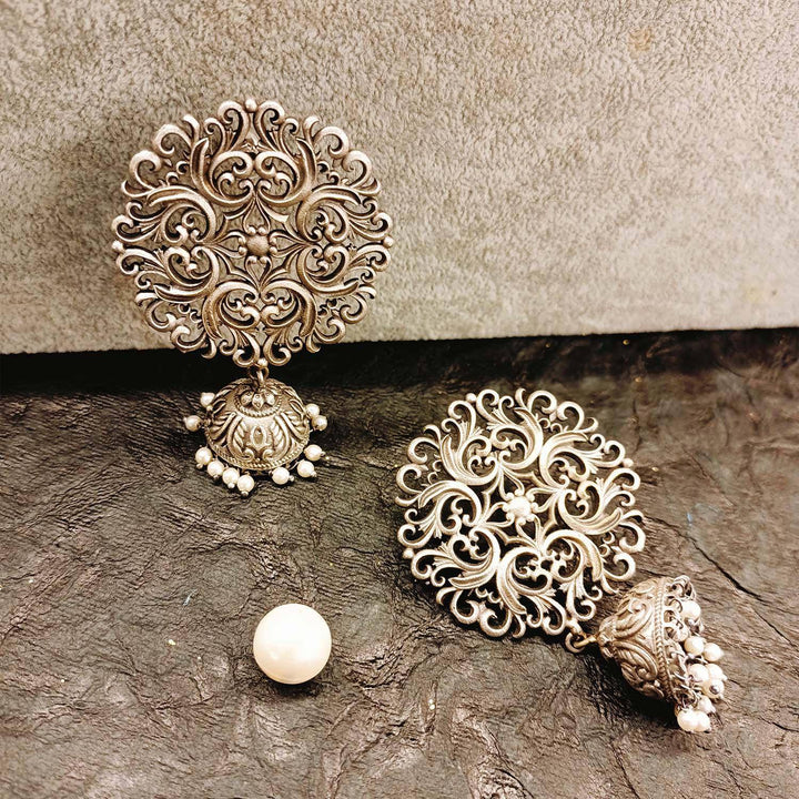 Shazahn Pearl White Oxidized Silver Plated Jhumki - Uboric