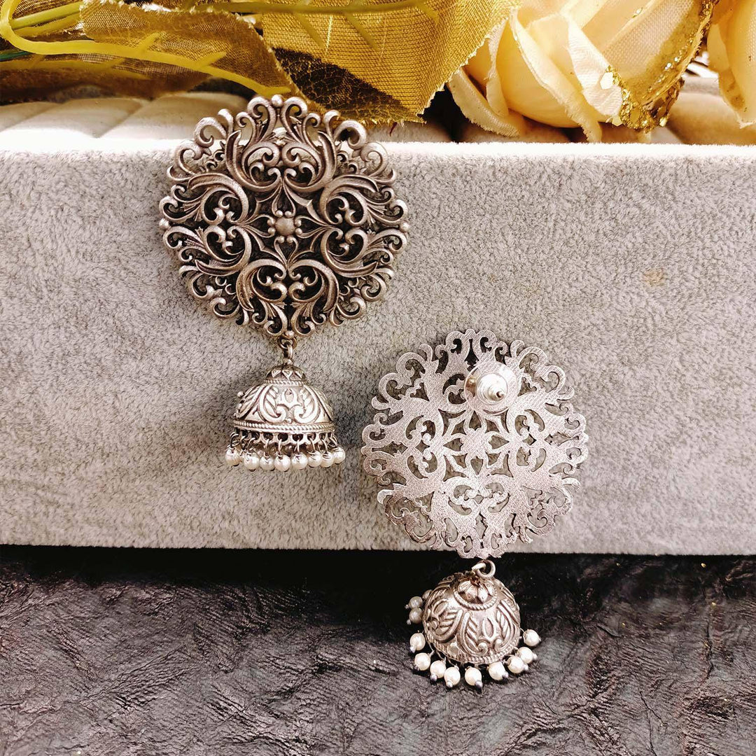 Shazahn Pearl White Oxidized Silver Plated Jhumki - Uboric