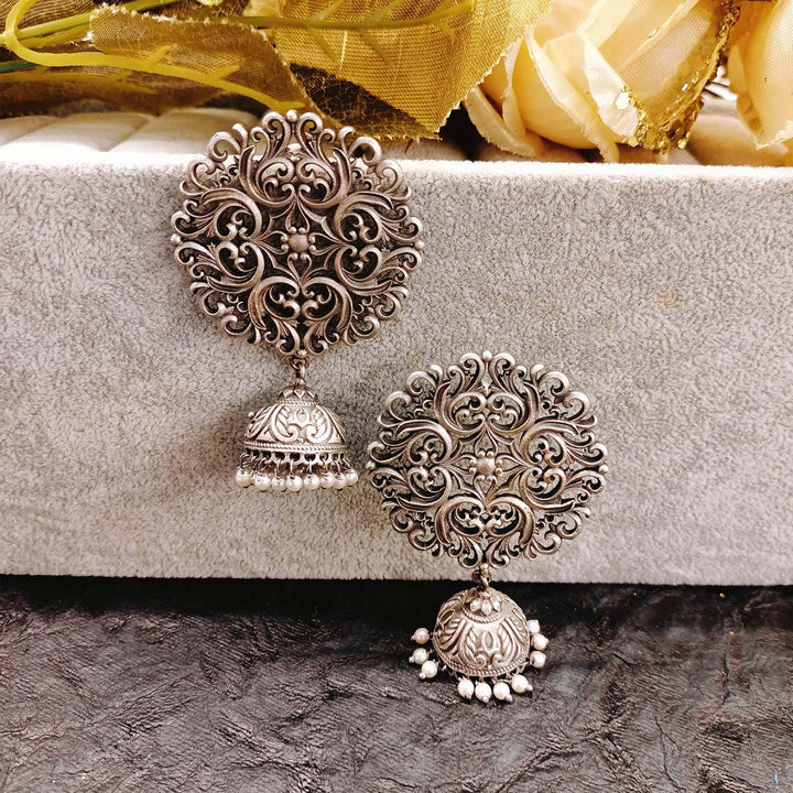 Shazahn Pearl White Oxidized Silver Plated Jhumki - Uboric