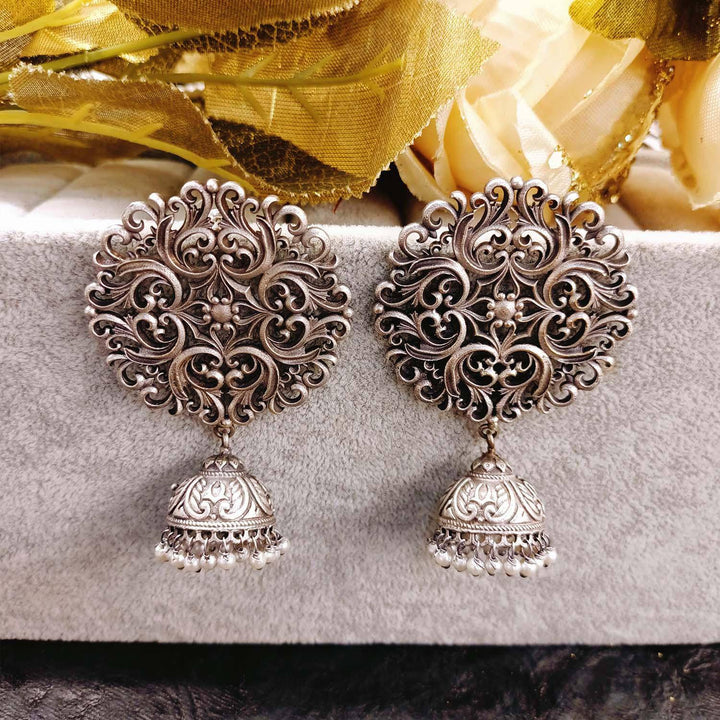 Shazahn Pearl White Oxidized Silver Plated Jhumki - Uboric