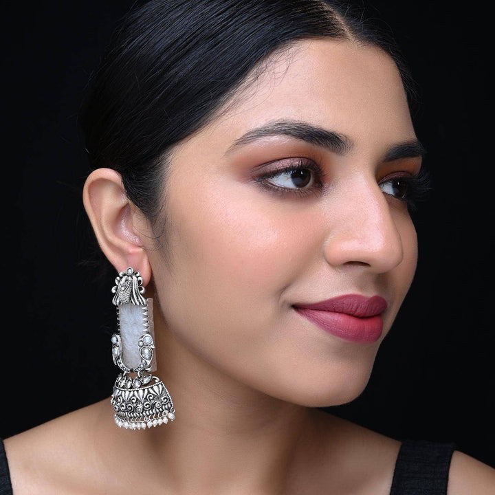 Shridevi White Stoned Oxidised Earrings - Uboric