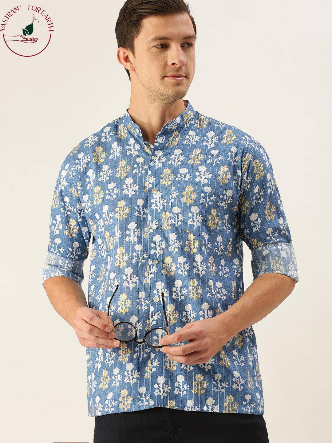 SHVAAS BY VASTRAMAY Men's Aqua Blue Printed Embellished Shirt - Uboric