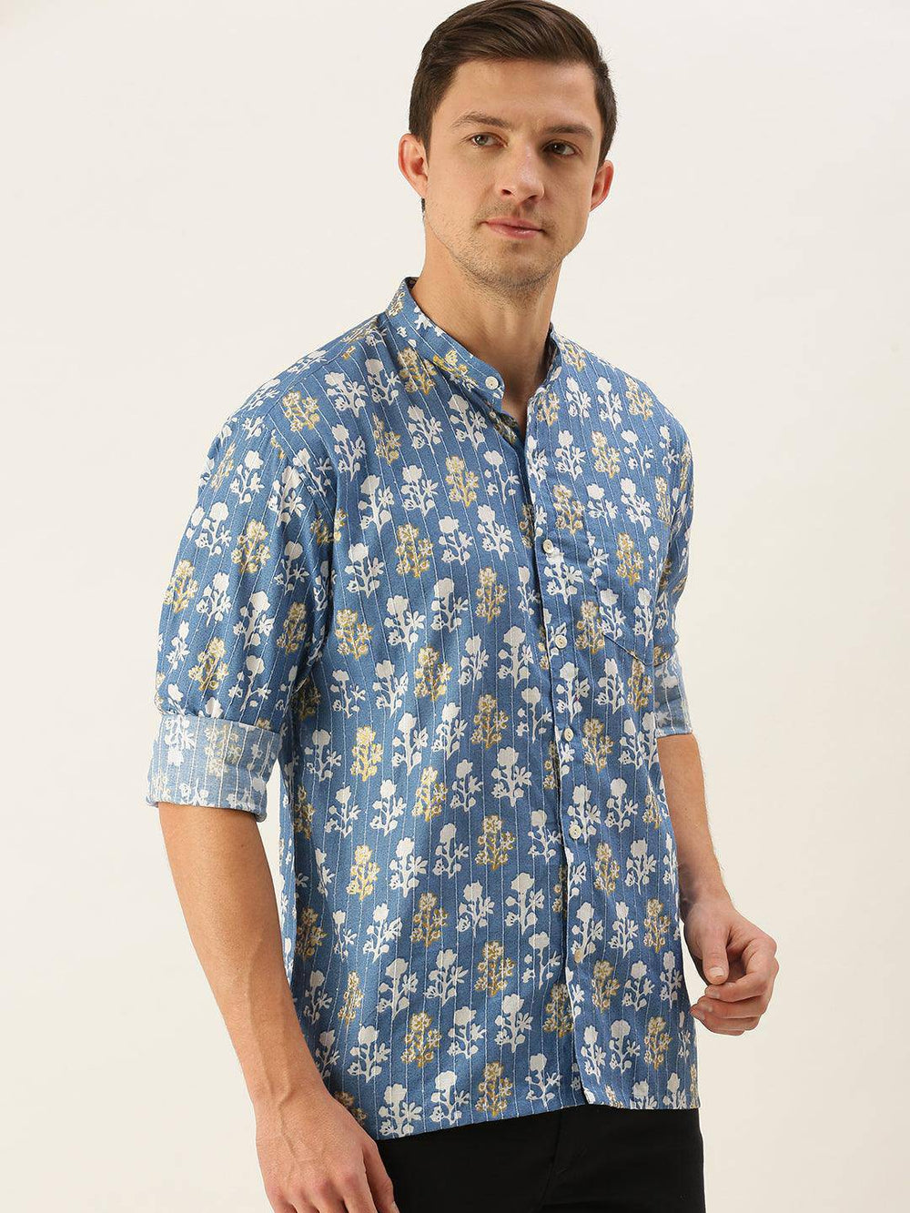 SHVAAS BY VASTRAMAY Men's Aqua Blue Printed Embellished Shirt - Uboric