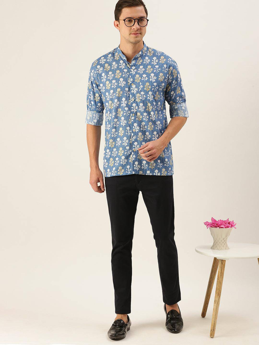 SHVAAS BY VASTRAMAY Men's Aqua Blue Printed Embellished Shirt - Uboric