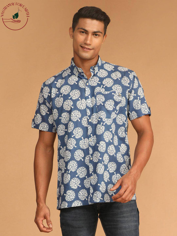 SHVAAS BY VASTRAMAY Men's Blue Printed Short Sleeve Shirt - Uboric