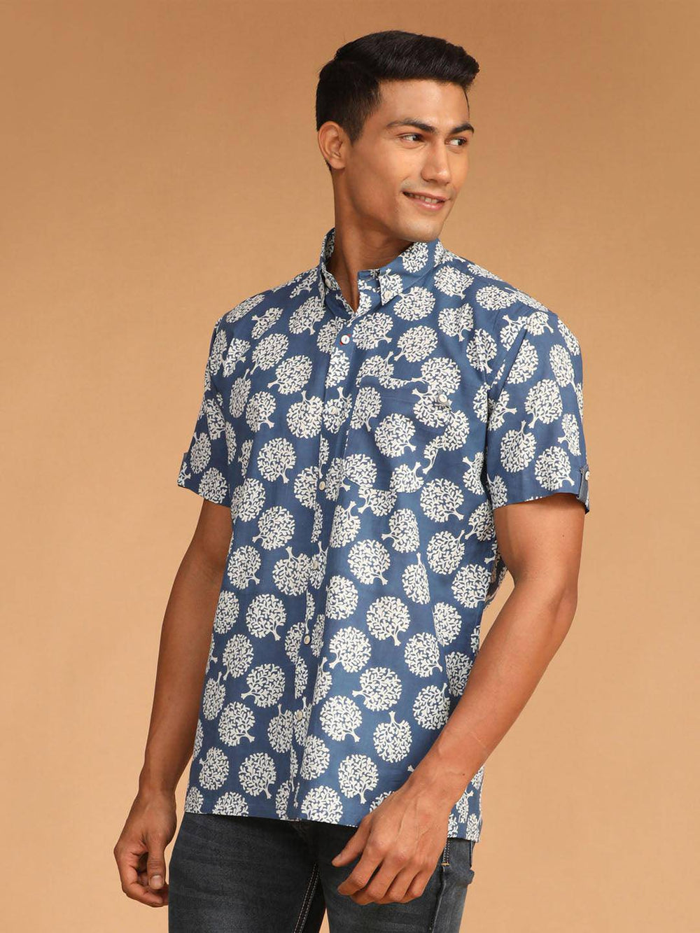 SHVAAS BY VASTRAMAY Men's Blue Printed Short Sleeve Shirt - Uboric