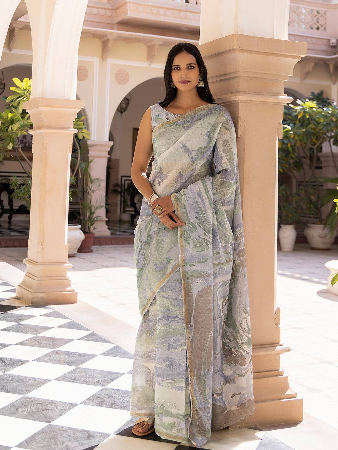 Sky-Blue Marble Chanderi Saree - Uboric