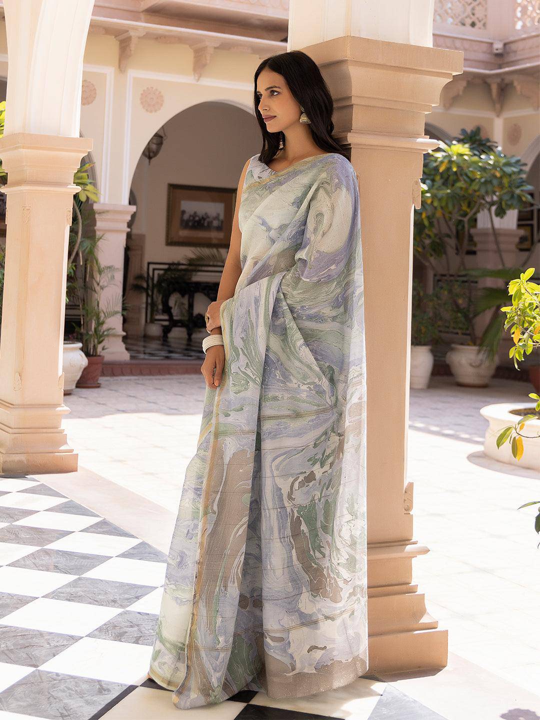 Sky-Blue Marble Chanderi Saree - Uboric