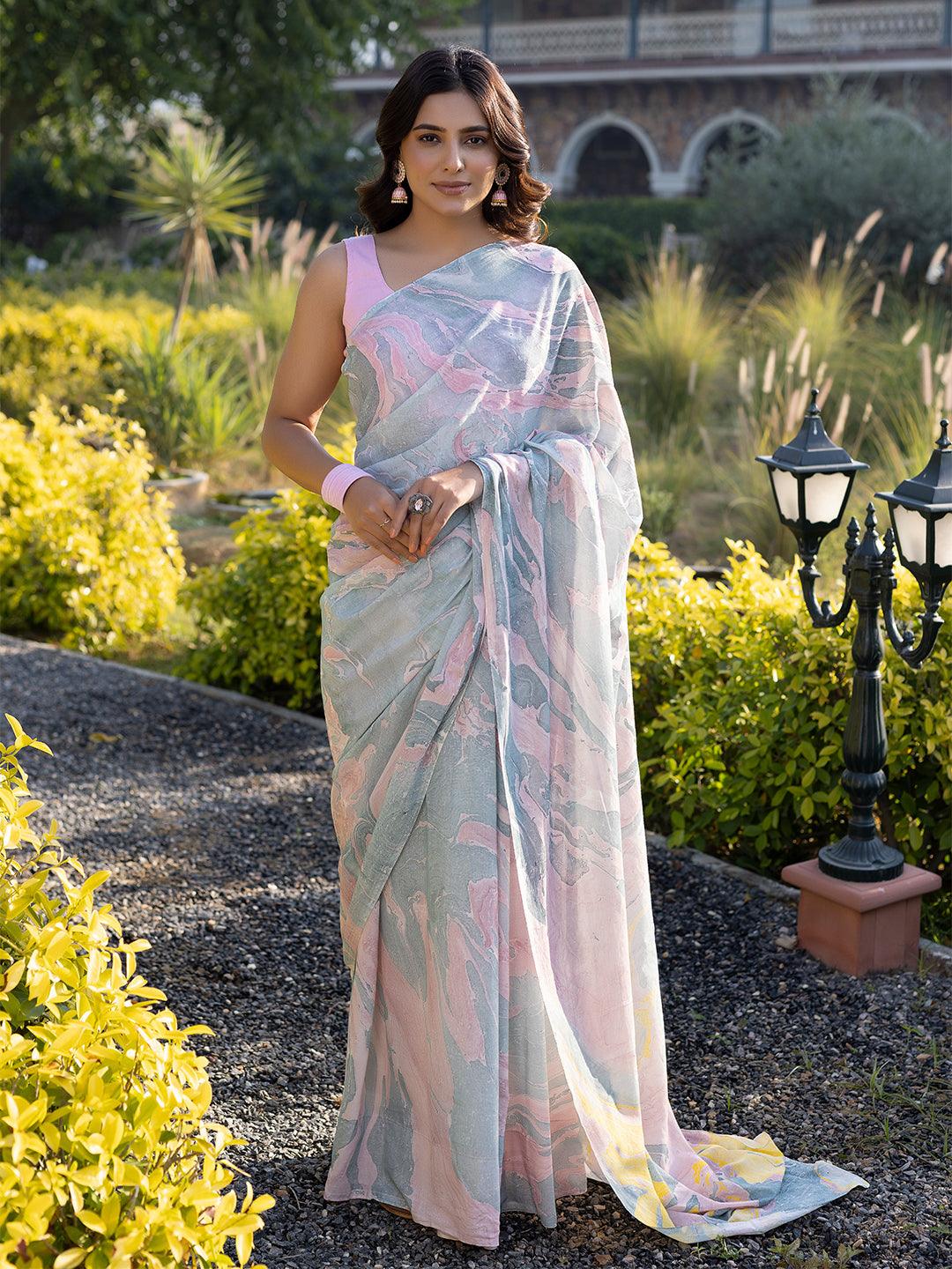 Smoky Salmon Marble Chanderi Saree - Uboric