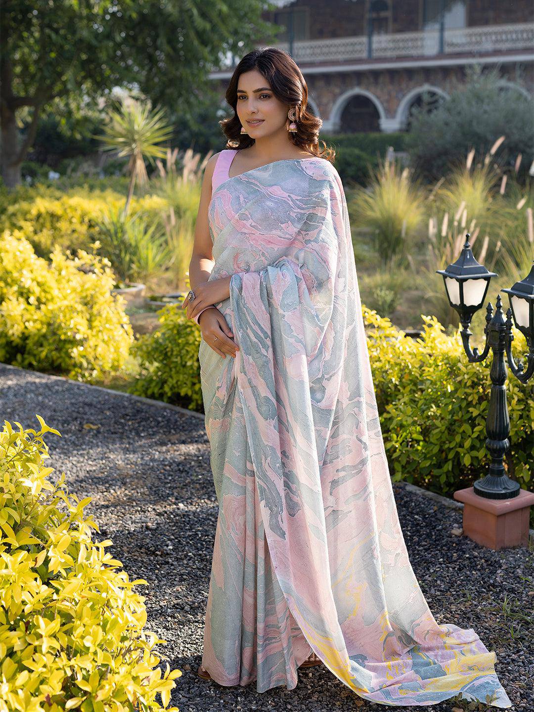 Smoky Salmon Marble Chanderi Saree - Uboric