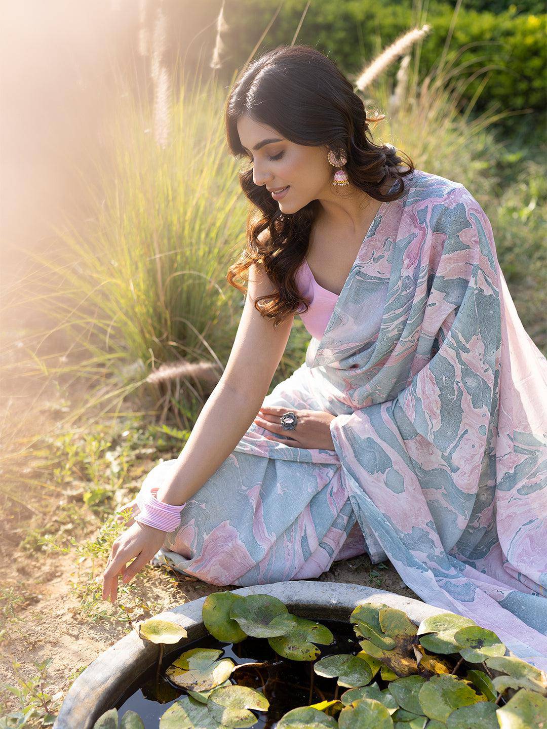 Smoky Salmon Marble Chanderi Saree - Uboric