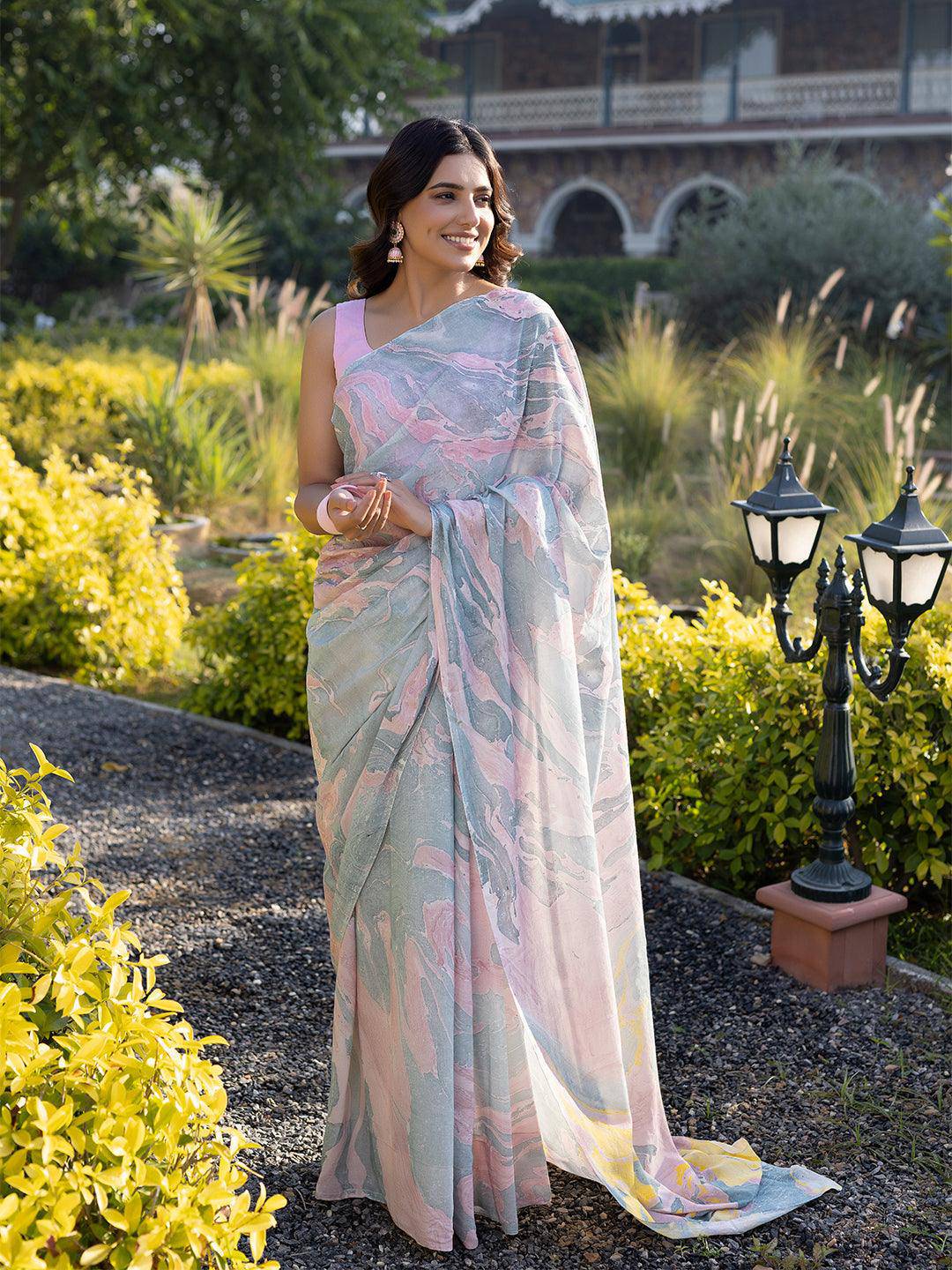 Smoky Salmon Marble Chanderi Saree - Uboric