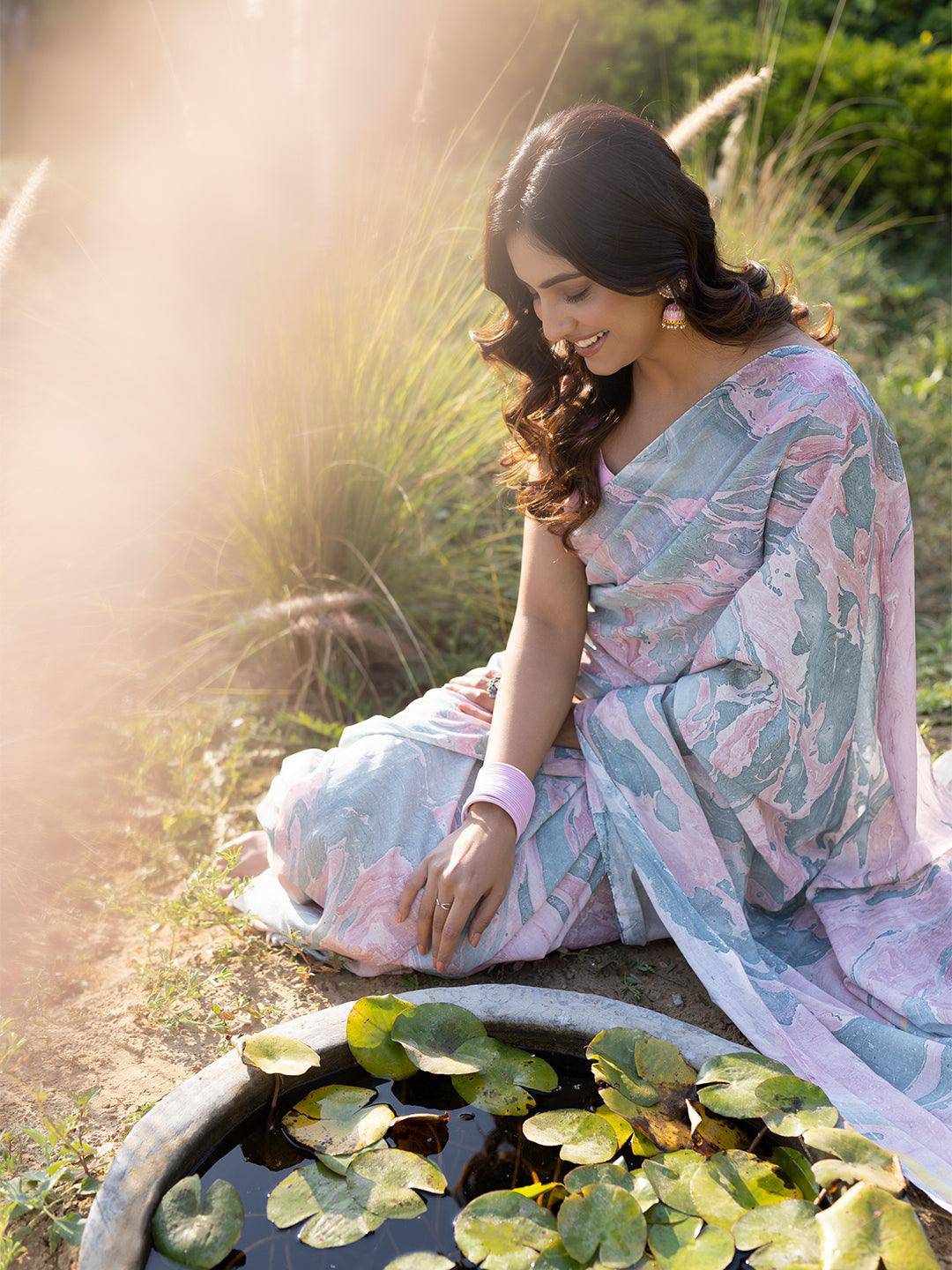 Smoky Salmon Marble Chanderi Saree - Uboric