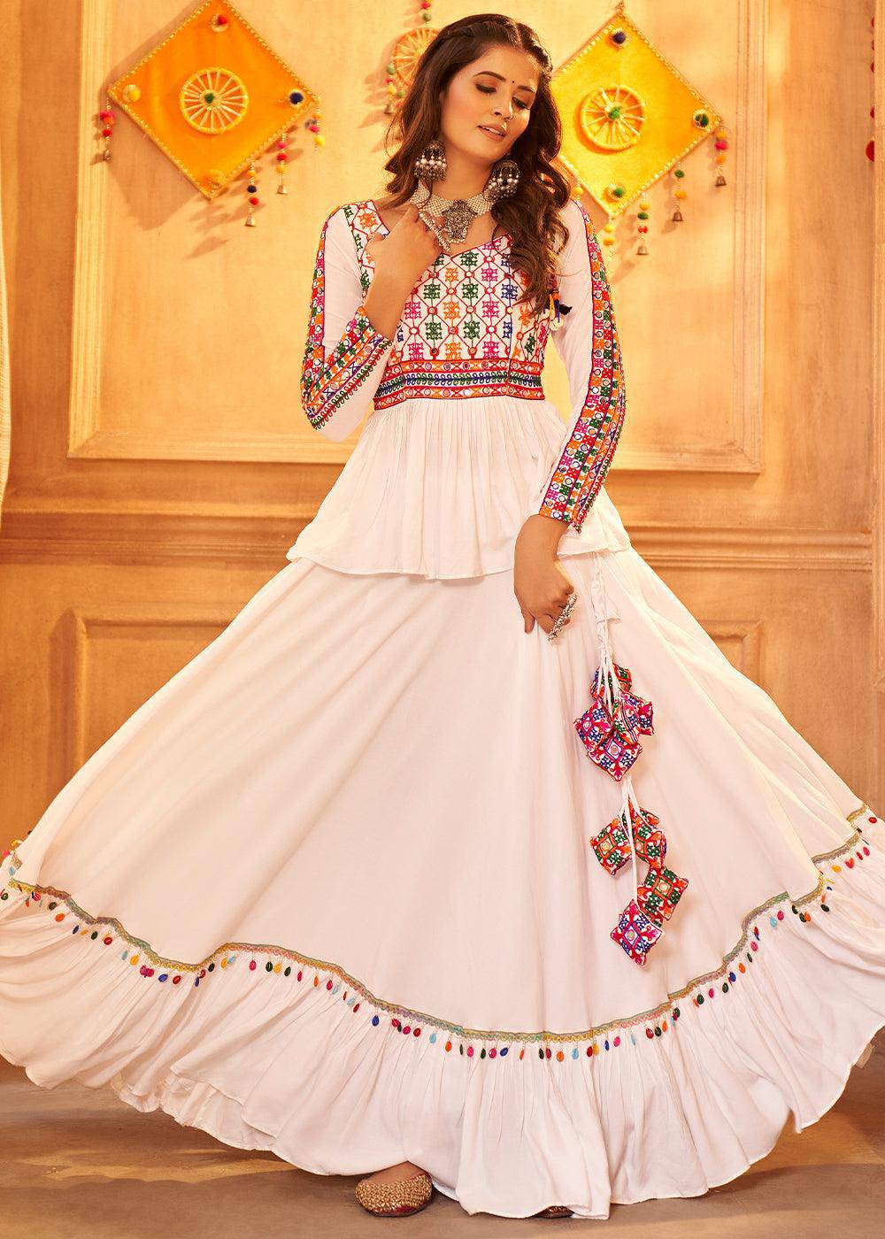 Soft Pink Viscose Rayon Lehenga Choli with Thread Embroidery & Mirror work: Navratri Special - qivii