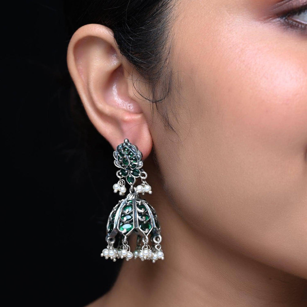 Surveen Silver Oxidised Green Jhumki - Uboric