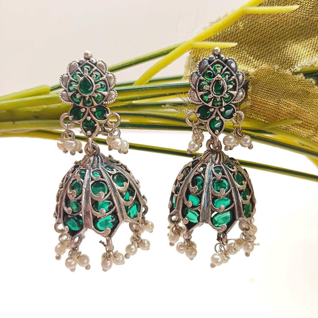 Surveen Silver Oxidised Green Jhumki - Uboric