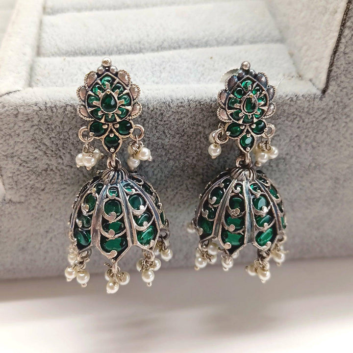 Surveen Silver Oxidised Green Jhumki - Uboric